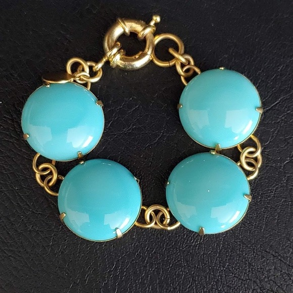 Loren Hope Turquoise Blue Cabochon Gold Tone Link Bracelet Round Bold Statement - Picture 8 of 8